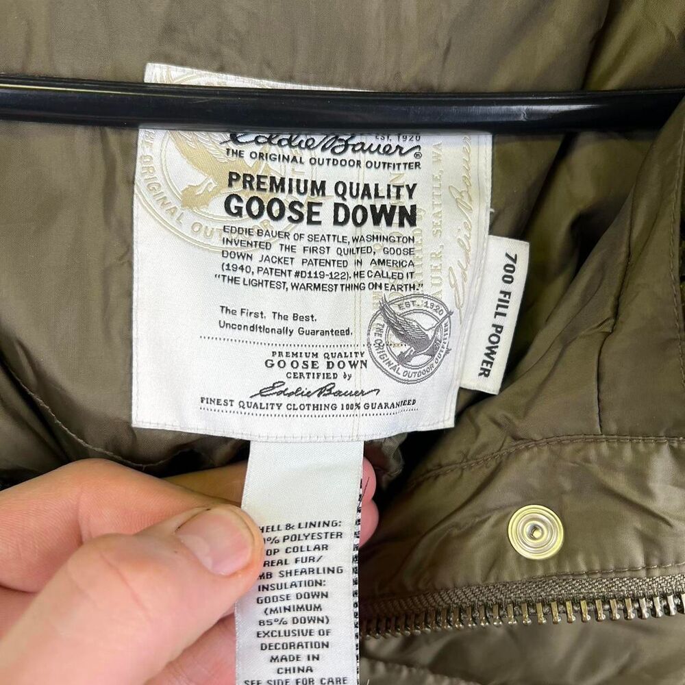 Eddie Bauer EB700 Goose Down Puffer Jacket Shearling Khaki Green Women’s Size XL - Picture 7 of 7